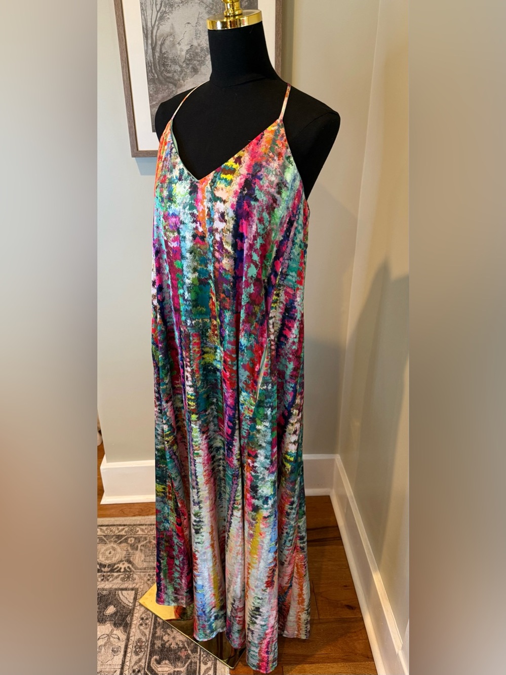 Nicole Miller NY Silky Watercolor Print Maxi Dress L Resort Vacation Cruise